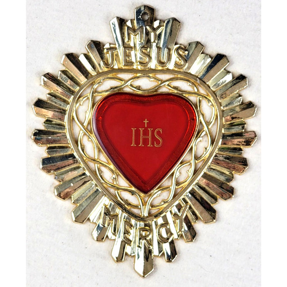 Vintage MY JESUS IHS MY MERCY Metal Heart Shaped Plaque w/Red Glass Heart Center - Picture 1 of 7